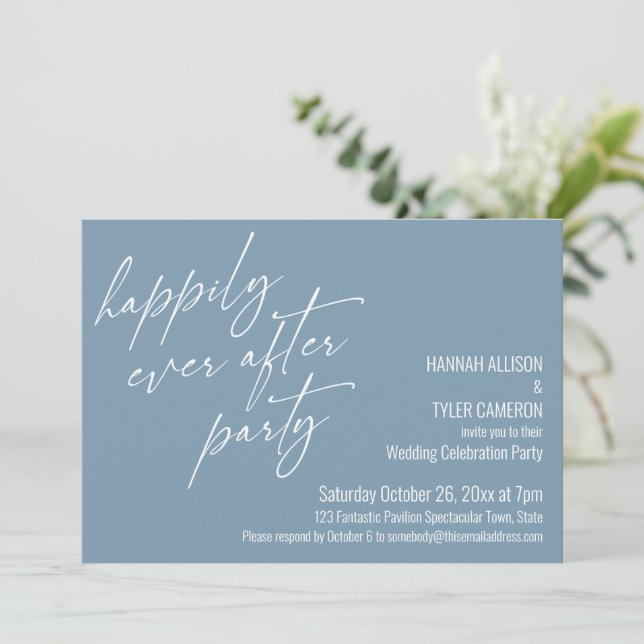 Invitación Fiesta de Felices para Siempre Dusty Blue Recepció (Anverso de pie)