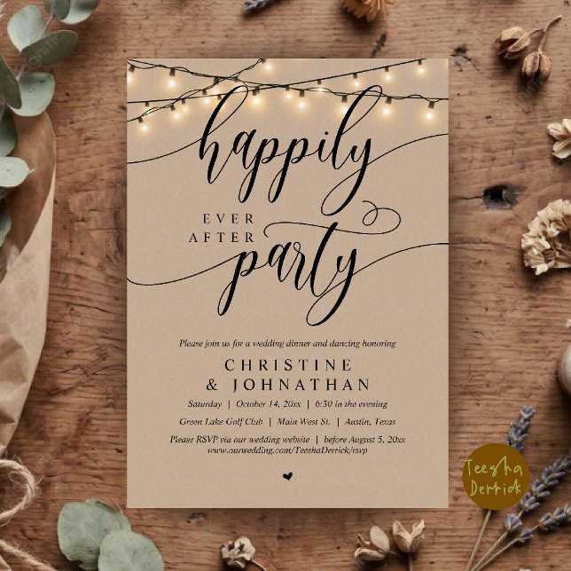 Invitación Fiesta de Felices para Siempre, Elopamiento de Bod (Happily Ever After Party, Rustic Wedding Elopement Invitation Card in Brown Kraft Farmhouse)