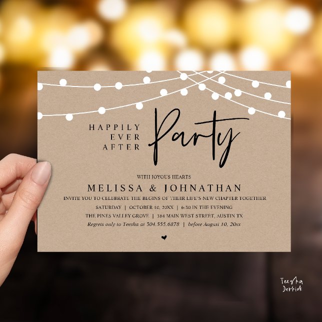 Invitación Fiesta de Felices para Siempre, Luces de Cuerda Rú (Happily Ever After Party, Rustic Wedding String Lights Invitation card, Reception Dinner Dancing)
