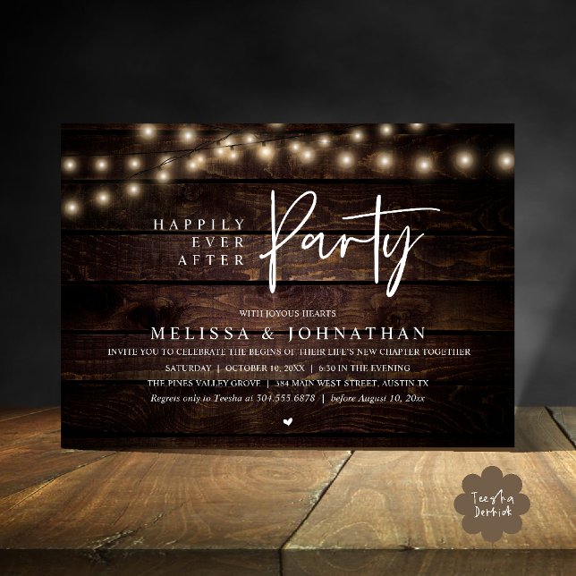 Invitación Fiesta de Felices para Siempre, Luces de Cuerda Rú (Happily Ever After Party, Rustic Wedding String Lights Invitation card, Reception Brown Wood)