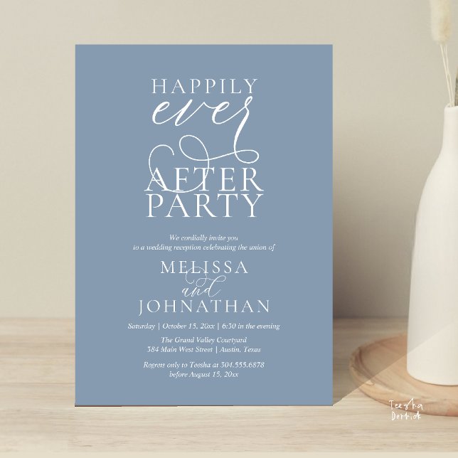 Invitación Fiesta de Felices para Siempre, Recepción de Boda  (Happily Ever After Party, Classy Wedding Reception Modern Dinner Invitation Card PDF Dusty Blue)