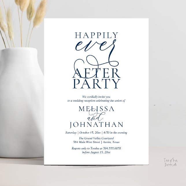 Invitación Fiesta de Felices para Siempre, Recepción de Boda  (Happily Ever After Party, Classy Wedding Reception Modern Dinner Invitation Card PDF Navy Blue)