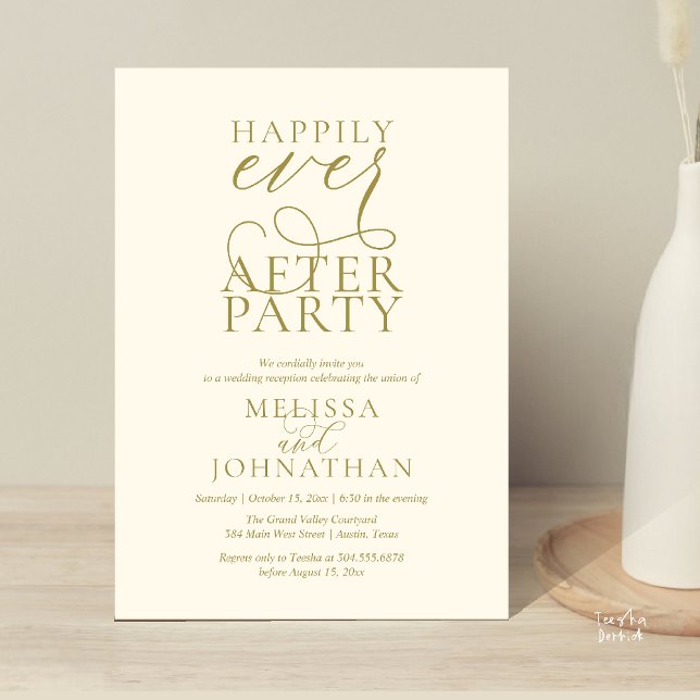 Invitación Fiesta de Felices para Siempre, Recepción de Boda  (Happily Ever After Party, Classy Wedding Reception Modern Dinner Invitation Card PDF Yellow Gold)