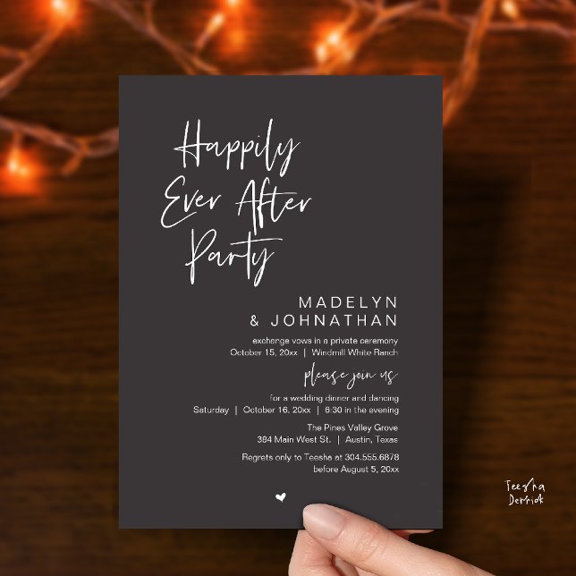 Invitación Fiesta de Felices para Siempre, Recepción de Boda  (Happily Ever After Party, Modern Wedding Reception Dinner Invitation card in charcoal grey)