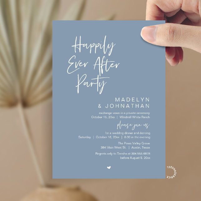 Invitación Fiesta de Felices para Siempre, Recepción de Boda  (Happily Ever After Party, Modern Wedding Reception Dinner Invitation card in dusty blue)