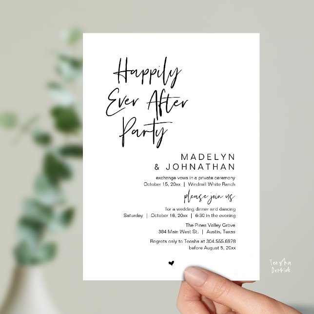 Invitación Fiesta de Felices para Siempre, Recepción de Boda  (Happily Ever After Party, Modern Wedding Reception Dinner Invitation card in black and white)