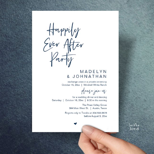 Invitación Fiesta de Felices para Siempre, Recepción de Boda  (Happily Ever After Party, Modern Wedding Reception Dinner Invitation card in navy blue)