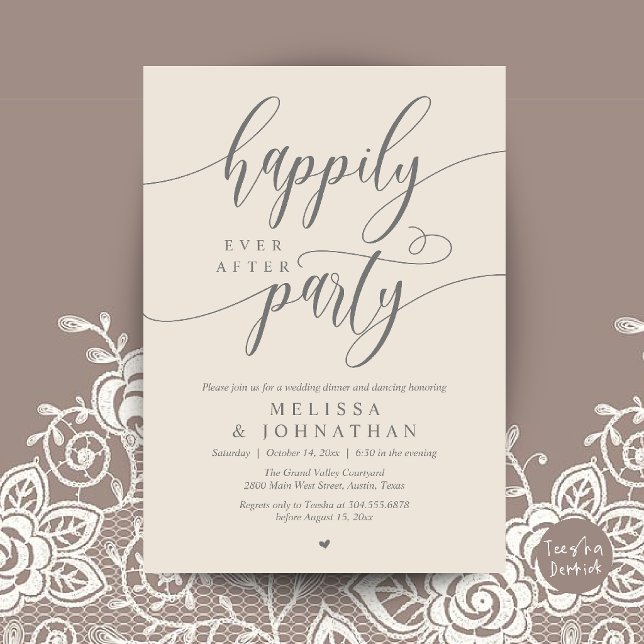 Invitación Fiesta de Felices para Siempre, Recepción de Boda  (Happily Ever After Party, Modern Wedding Reception Dinner Invitation Card in Cream Grey)