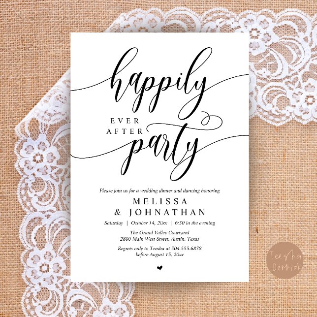 Invitación Fiesta de Felices para Siempre, Recepción de Boda  (Happily Ever After Party, Modern Wedding Reception Dinner Invitation Card in Black and White)