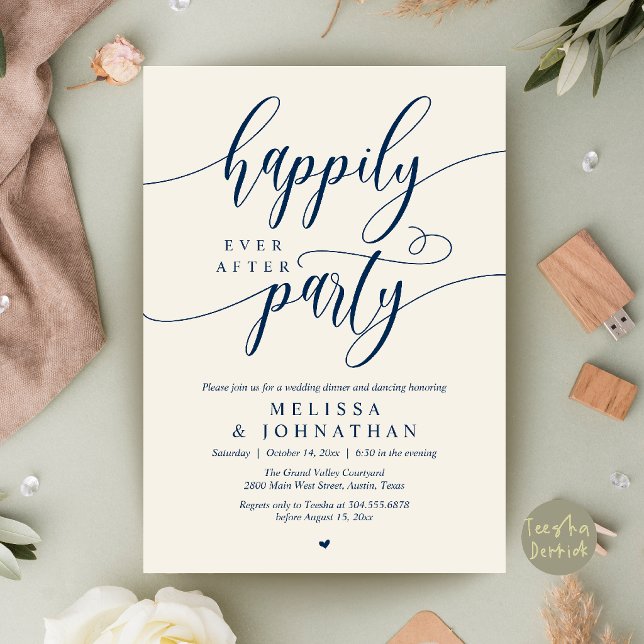 Invitación Fiesta de Felices para Siempre, Recepción de Boda  (Happily Ever After Party, Modern Wedding Reception Dinner Invitation Card in Navy Blue and Ivory)