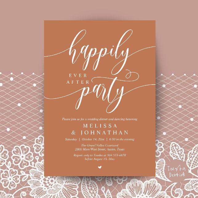 Invitación Fiesta de Felices para Siempre, Recepción de Boda  (Happily Ever After Party, Modern Wedding Reception Dinner Invitation Card in Copper Brown)