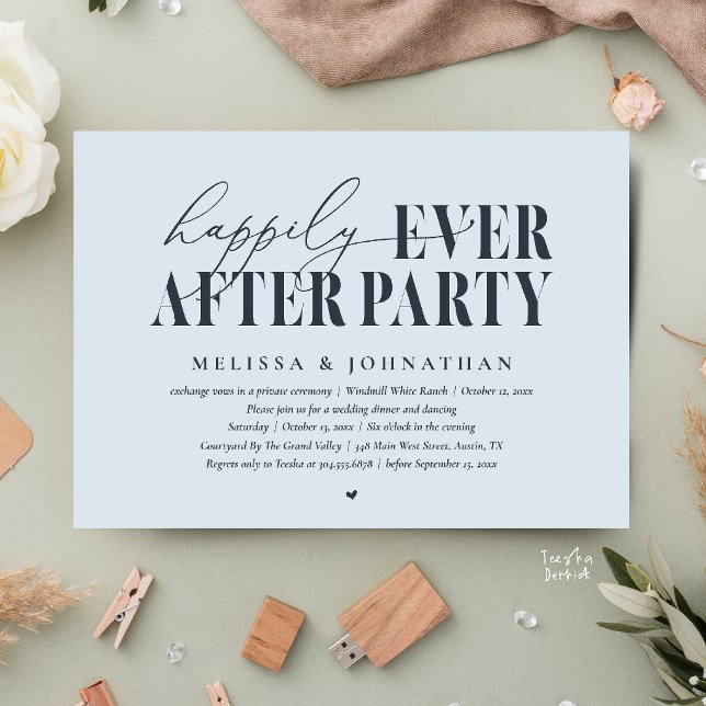 Invitación Fiesta de Felices para Siempre, Recepción de Boda  (Happily Ever After Party, Modern Wedding Reception Dinner Dancing Invitation Card in Misty Blue)