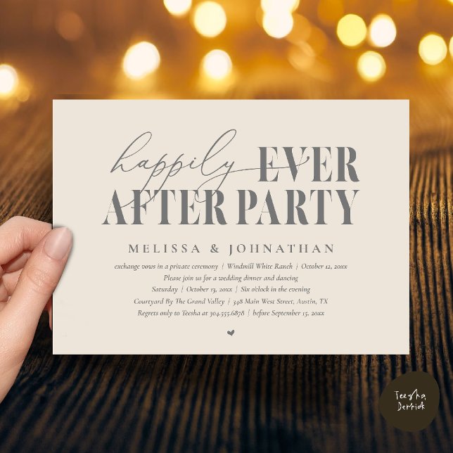 Invitación Fiesta de Felices para Siempre, Recepción de Boda  (Happily Ever After Party, Modern Wedding Reception Dinner Dancing Invitation Card in Cream Grey)