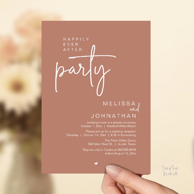 Invitación Fiesta de Felices para Siempre, Recepción de Boda  (Happily Ever After Party, Modern Wedding Reception Invitation Card in terracotta earthy brown)