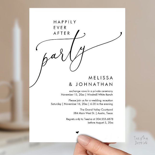 Invitación Fiesta de Felices para Siempre Recepción de Boda M (Happily Ever After Party Modern Wedding Reception Invitation Card Dinner Brunch Lunch in Black White)