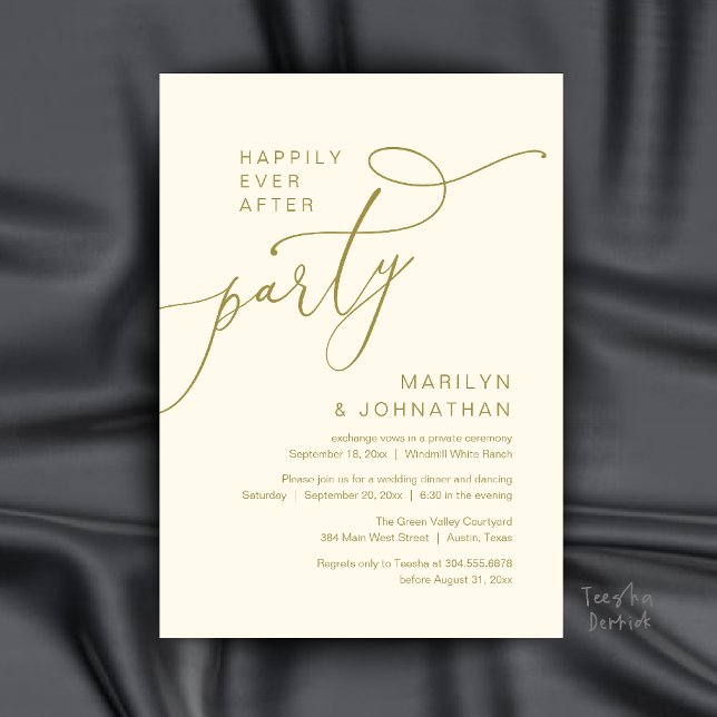 Invitación Fiesta de Felices para Siempre, Recepción de Cena  (Happily Ever After Party, Modern Dinner Reception Invitation Card in Gold and Cream)