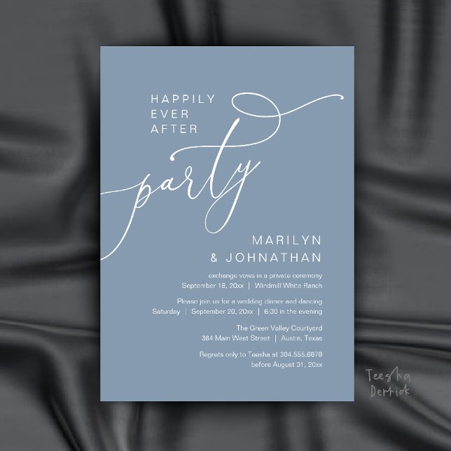 Invitación Fiesta de Felices para Siempre, Recepción de Cena  (Happily Ever After Party, Modern Dinner Reception Invitation Card in Dusty Blue)
