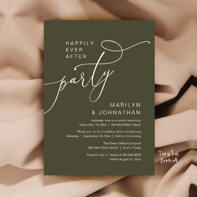 Invitación Fiesta de Felices para Siempre, Recepción de Cena  (Happily Ever After Party, Modern Dinner Reception Invitation Card in Olive Green)