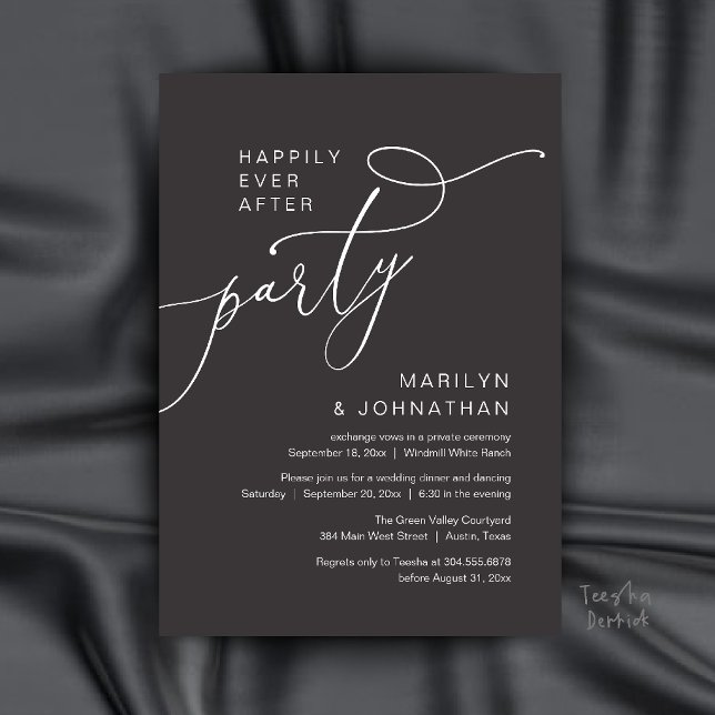 Invitación Fiesta de Felices para Siempre, Recepción de Cena  (Happily Ever After Party, Modern Dinner Reception Invitation Card in Charcoal Grey)