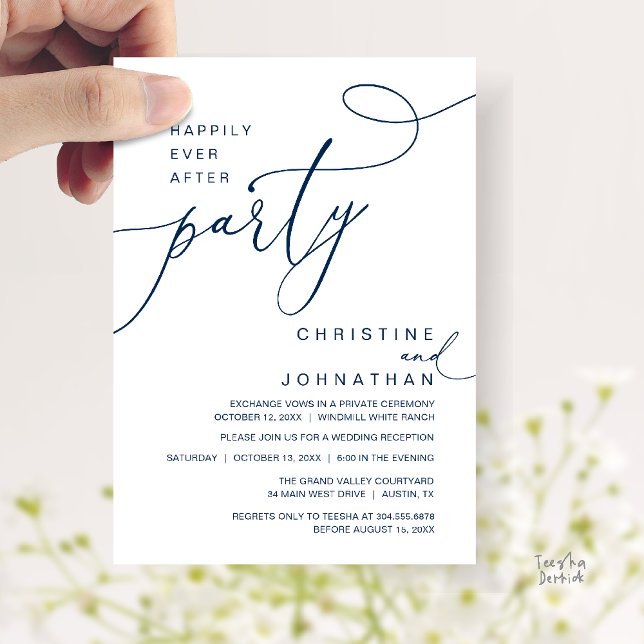 Invitación Fiesta de Felices para Siempre Romántico Se Casa R (Happily Ever After Party Romantic Weds Reception Invitation Card in Navy Blue)
