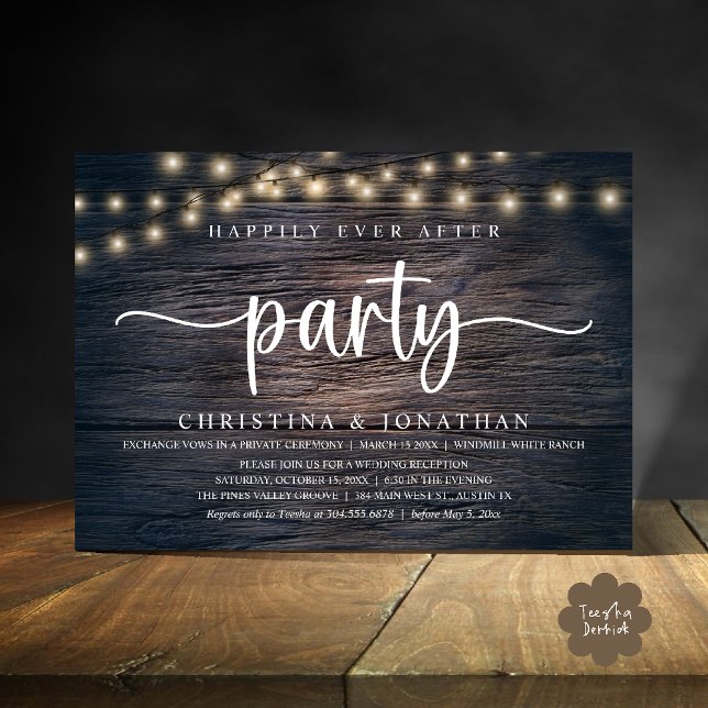 Invitación fiesta de feliz para siempre, boda rústica (Happily Ever After party, Rustic Wedding reception Invitation Card string lights dark wood)
