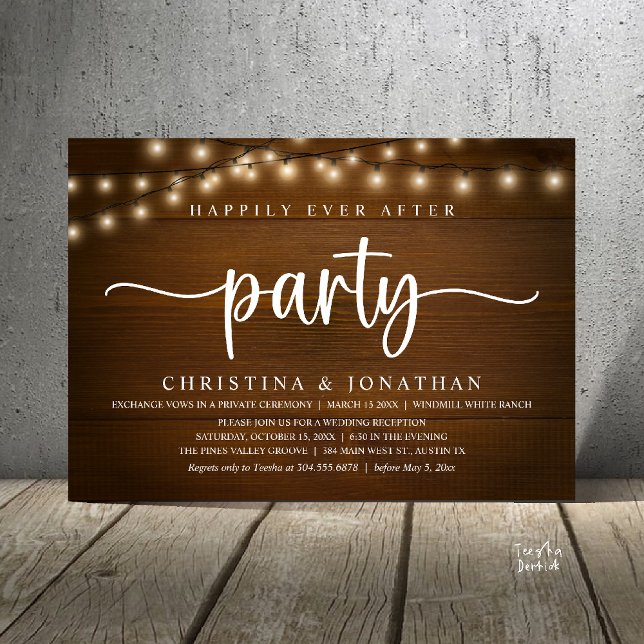 Invitación fiesta de feliz para siempre, boda rústica (Happily Ever After party, Rustic Wedding reception Invitation Card string lights brown wood)
