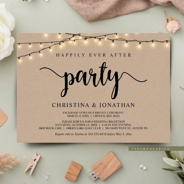 Invitación fiesta de feliz para siempre, Elopement de luces d (Happily Ever After Elopement Party, Cottage String Lights Brown Kraft, Post Wedding Invites Cards.)