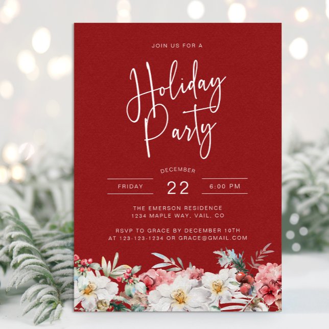 Invitación Fiesta de feriado botánico para navidades (Elegant Watercolor Botanical Floral Christmas Holiday Party Invitation by Painted Paperie)