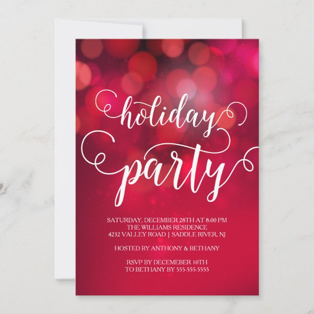 Invitación Fiesta de feriado con luces rojas de mano con letr (Anverso)