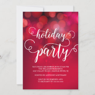 Invitación Fiesta de feriado con luces rojas de mano con letr