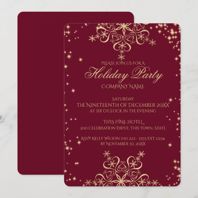 Invitación Fiesta de feriado corporativo de Snowflake Gold (Anverso / Reverso)