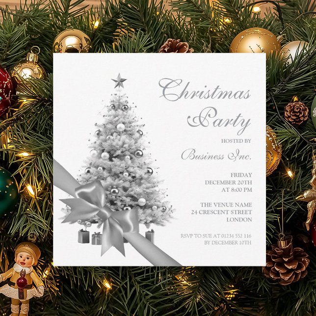 Invitación Fiesta de feriado de árbol de Navidad con plata co (Corporate Silver Christmas Tree Bow Holiday Party Invitation)