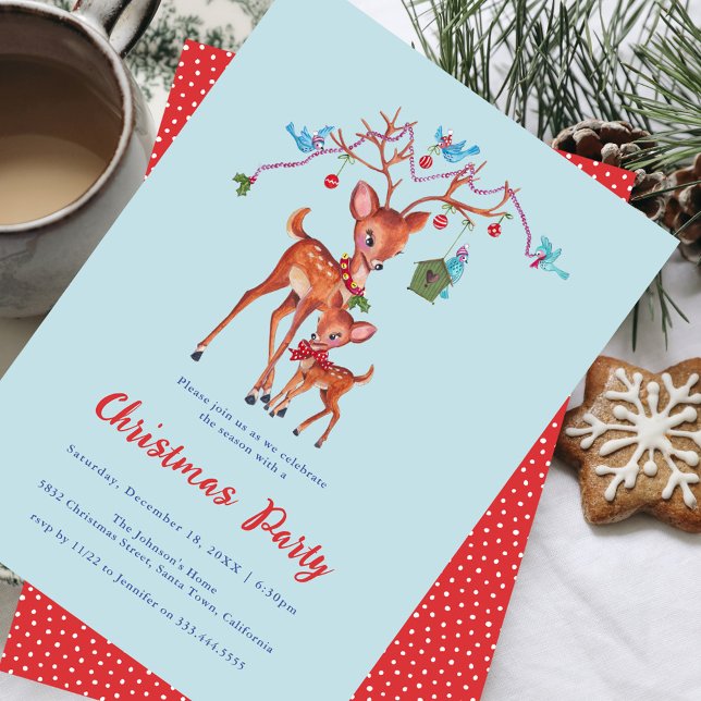 Invitación Fiesta de feriado de ciervos de Woodland (Cute Woodland Deer Christmas Holiday Party Invitation)