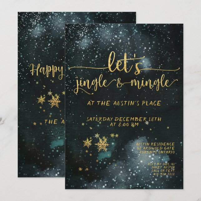 Invitación Fiesta de feriado de jingle y Mingle Gold (Anverso / Reverso)