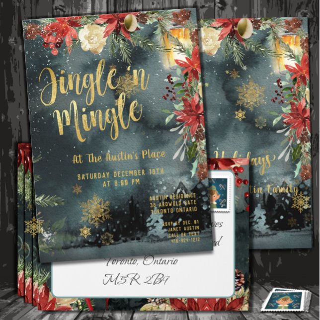 Invitación Fiesta de feriado de jingle y mingle Gold Floral (Subido por el creador)