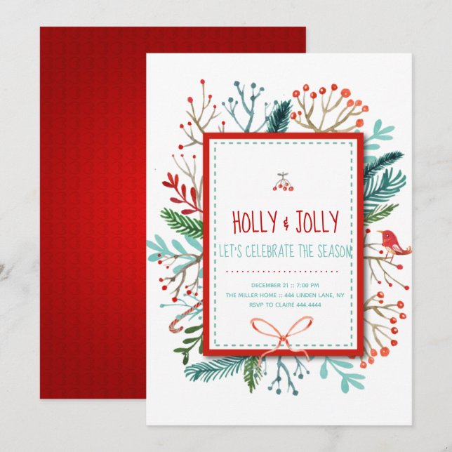 Invitación Fiesta de feriado de los Navidades Holly Jolly (Anverso / Reverso)