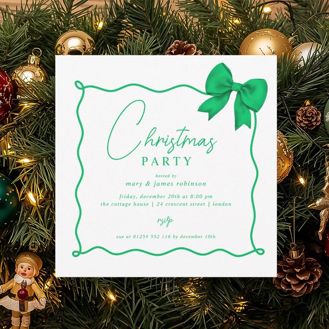 Invitación Fiesta de feriado de los navidades Whimsical Green (Christmas Holiday Party Whimsical Green Bow Invitation)