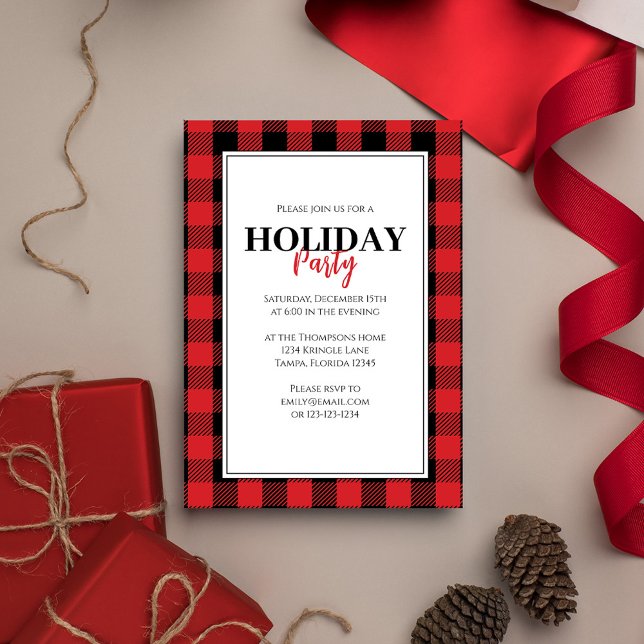 Invitación Fiesta de feriado de navidades con salsa rusa de b (Holiday red and black buffalo check patterned invitation.)