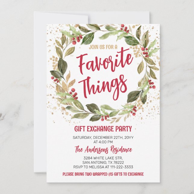 Invitación Fiesta de feriado de Navidades de cosas favoritas (Anverso)