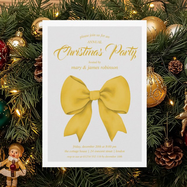 Invitación Fiesta de feriado de Navidades de Oro con Oro (Festive Gold Bow Christmas Holiday Party Invitation)