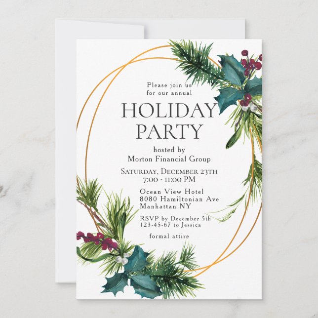 Invitación Fiesta de feriado de Navidades de Pine Cones Holly (Anverso)