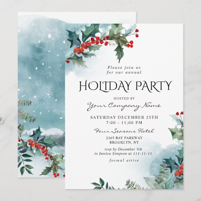 Invitación Fiesta de feriado de Navidades de Red Holly Berry (Anverso / Reverso)