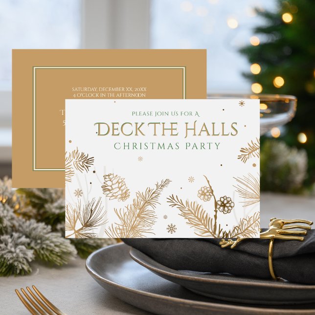 Invitación Fiesta de feriado de navidades - Deck The Halls -  (Christmas Holiday Party - Deck The Halls - Gold Invitation)