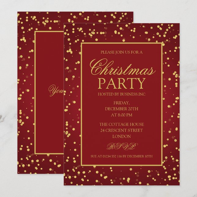 Invitación Fiesta de feriado de Navidades del Purpurina rojo  (Anverso / Reverso)