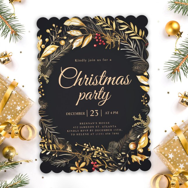 Invitación Fiesta de feriado de Navidades elegantes Black Gol (Black Gold Classic Elegant Christmas Holiday Party Invitation)