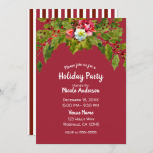 Invitación Fiesta de feriado de navidades Holly Berry Floral 