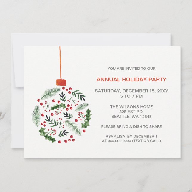 Invitación Fiesta de feriado de navidades Holly Ornament (Anverso)