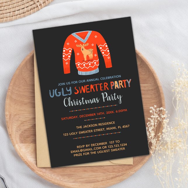 Invitación Fiesta de feriado de Navidades suéteres naranjas (Orange Sweater Christmas Invitations)