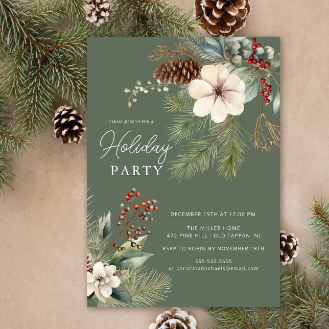Invitación Fiesta de feriado de ramas de pino botánico de inv (Subido por el creador)