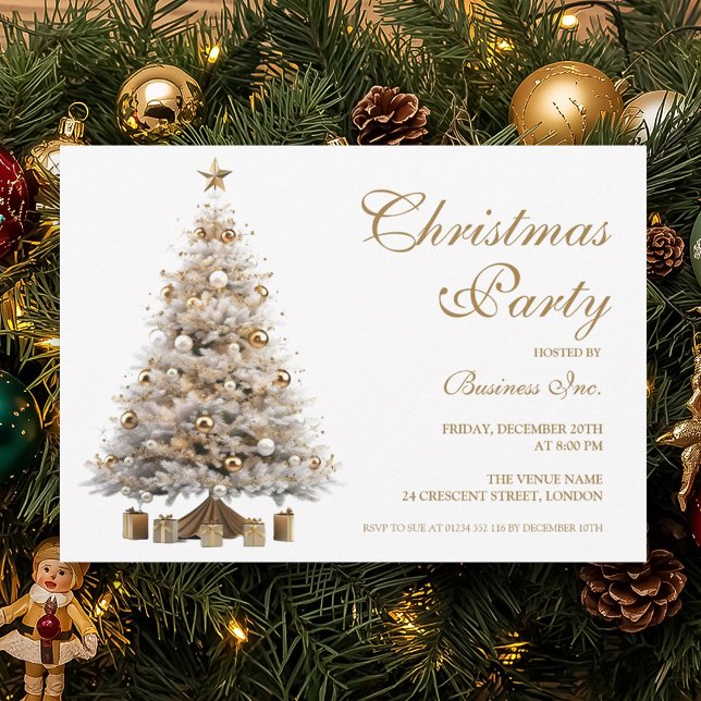 Invitación Fiesta de feriado para árboles navideños de oro co (Corporate Gold Christmas Tree Holiday Party Invitation)